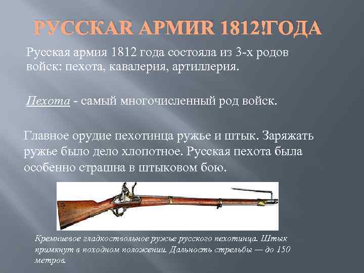 РУССКАЯ АРМИЯ 1812 ГОДА Русская армия 1812 года состояла из 3 -х родов войск: