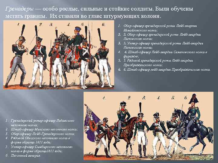 Гренадеры — особо рослые, сильные и стойкие солдаты. Были обучены метать гранаты. Их ставили