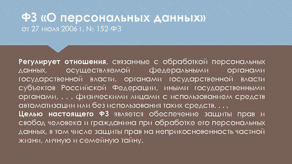 ФЗ «О персональных данных» от 27 июля 2006 г. № 152 -ФЗ Регулирует отношения,