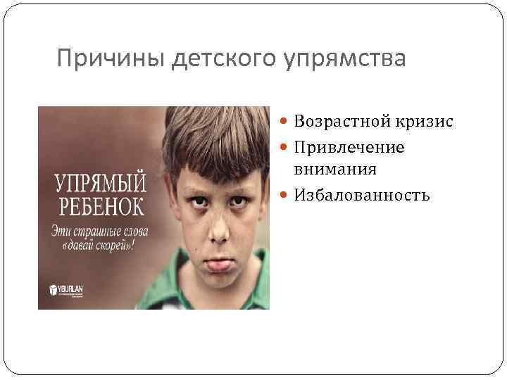 Причины детского упрямства Возрастной кризис Привлечение внимания Избалованность 