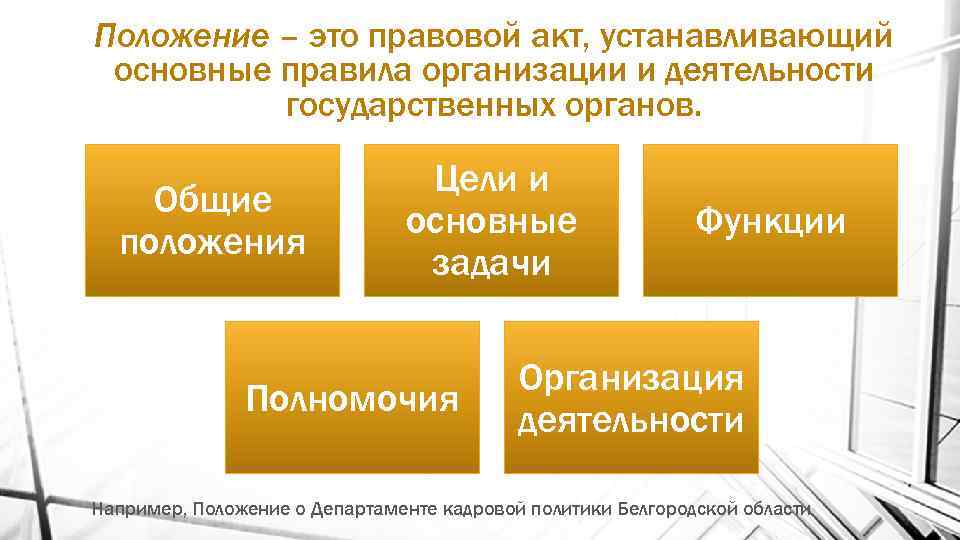 Положение – это правовой акт, устанавливающий основные правила организации и деятельности государственных органов. Общие