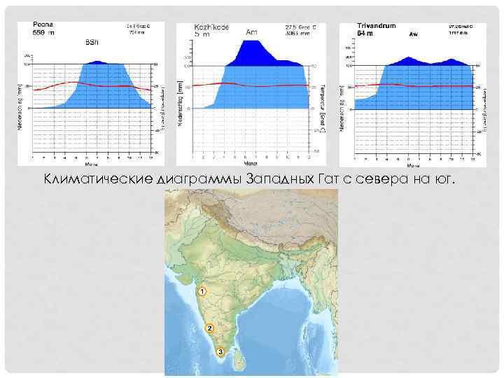 Климатические диаграммы Западных Гат с севера на юг. 