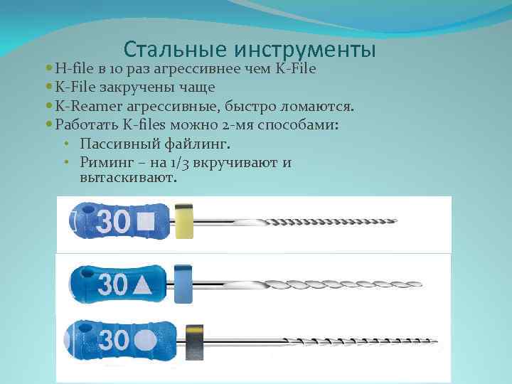 Стальные инструменты H-file в 10 раз агрессивнее чем K-File закручены чаще K-Reamer агрессивные, быстро