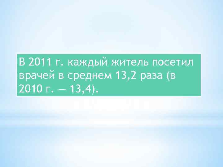 В 2011 г. каждый житель посетил врачей в среднем 13, 2 раза (в 2010