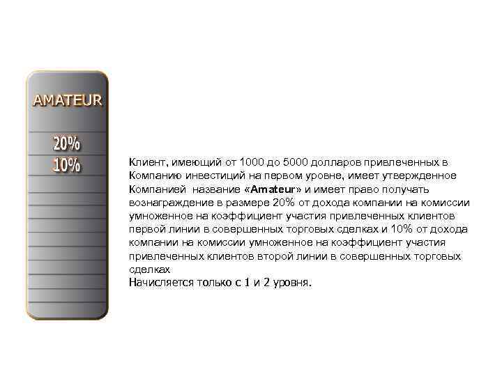 Уровни партнерской программы Клиент, имеющий от 1000 до 5000 долларов привлеченных в Компанию инвестиций