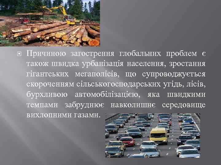  Причиною загострення глобальних проблем є також швидка урбанізація населення, зростання гігантських мегаполісів, що