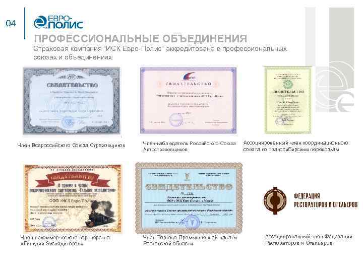 04 ПРОФЕССИОНАЛЬНЫЕ ОБЪЕДИНЕНИЯ Страховая компания "ИСК Евро-Полис" аккредитована в профессиональных союзах и объединениях: Член
