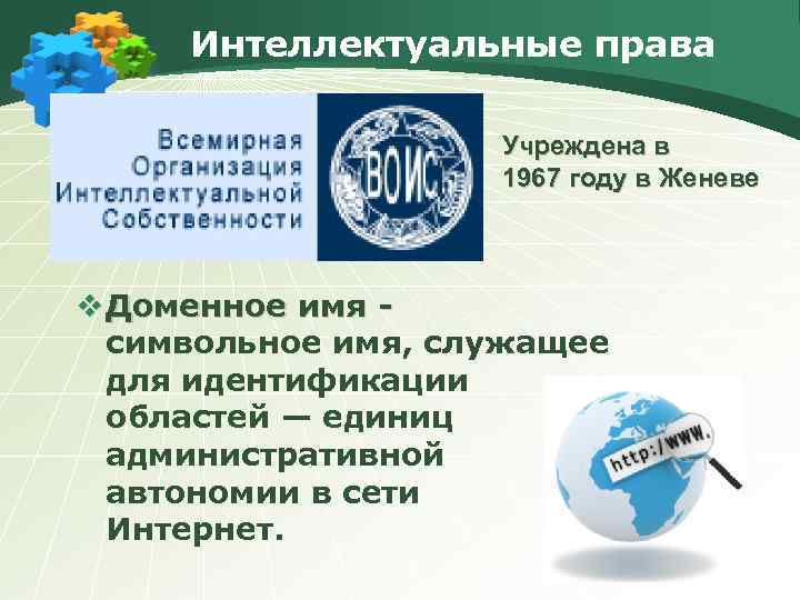 Интеллектуальные права Учреждена в 1967 году в Женеве v Доменное имя символьное имя, служащее