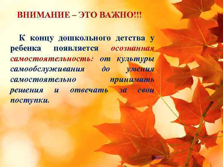 ВНИМАНИЕ – ЭТО ВАЖНО!!! К концу дошкольного детства у ребенка появляется осознанная самостоятельность: от