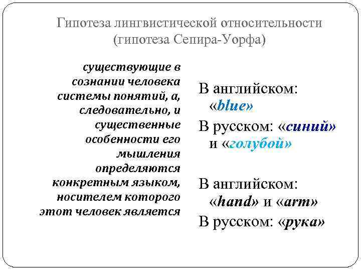 Гипотеза лингвистической относительности (гипотеза Сепира-Уорфа) существующие в сознании человека системы понятий, а, следовательно, и