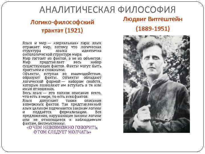 АНАЛИТИЧЕСКАЯ ФИЛОСОФИЯ Логико-философский трактат (1921) Язык и мир — «зеркальная» пара: язык отражает мир,