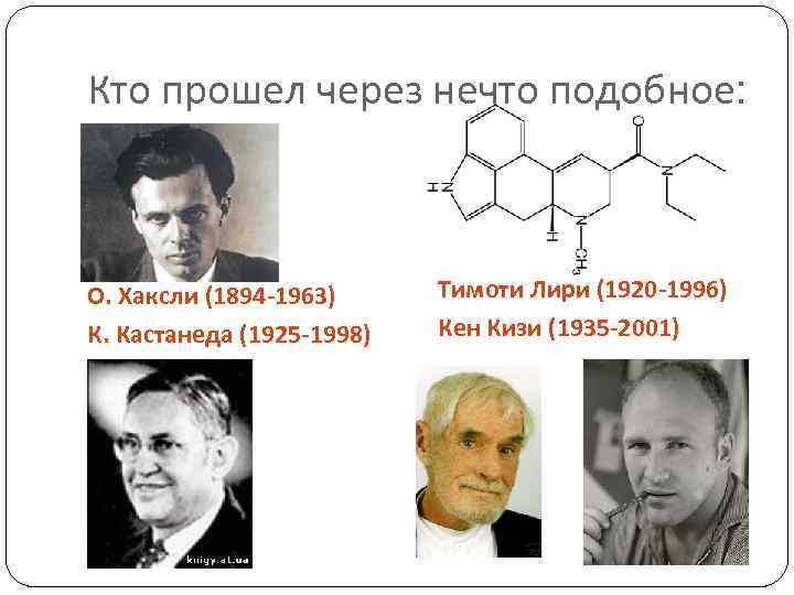 Кто прошел через нечто подобное: О. Хаксли (1894 -1963) К. Кастанеда (1925 -1998) Тимоти