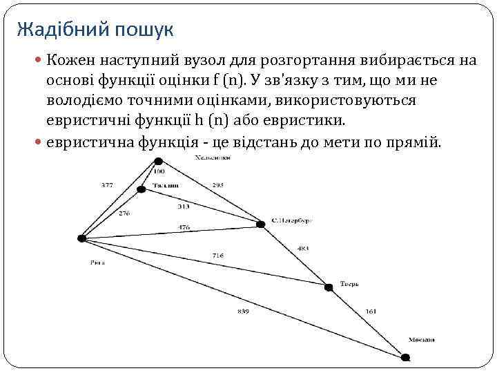 Жадібний пошук Кожен наступний вузол для розгортання вибирається на основі функції оцінки f (n).