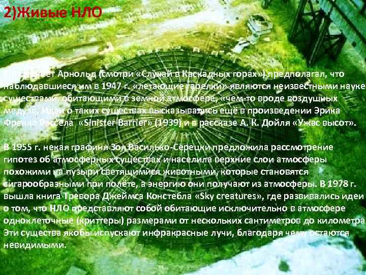 2)Живые НЛО Ещё Кеннет Арнольд (смотри «Случай в Каскадных горах» ) предполагал, что наблюдавшиеся