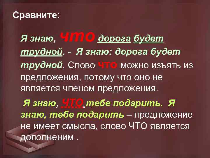 Сравните: Я знаю, что дорога будет трудной. - Я знаю: дорога будет трудной. Слово