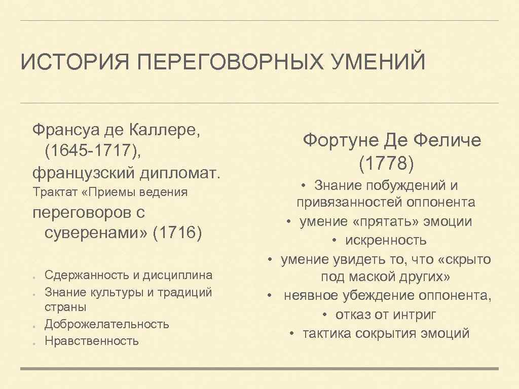 ИСТОРИЯ ПЕРЕГОВОРНЫХ УМЕНИЙ Франсуа де Каллере, (1645 -1717), французский дипломат. Трактат «Приемы ведения переговоров