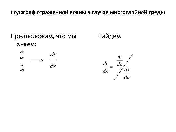 Годограф отраженной волны в случае многослойной среды Предположим, что мы знаем: Найдем 