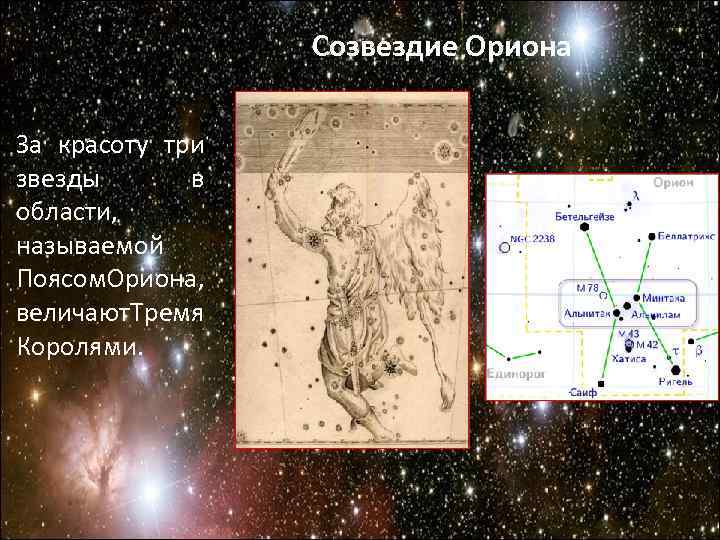 Созвездие Ориона За красоту три звезды в области, называемой Поясом риона, О величают ремя