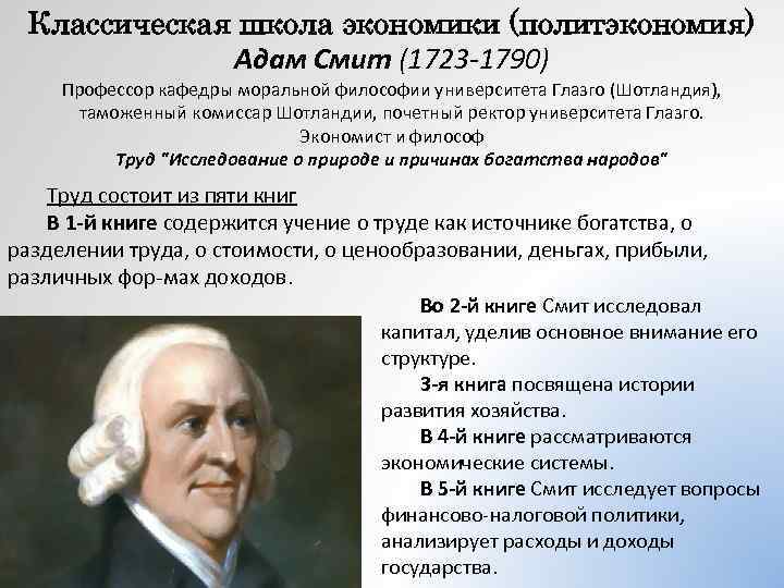 Классическая школа экономики (политэкономия) Адам Смит (1723 -1790) Профессор кафедры моральной философии университета Глазго