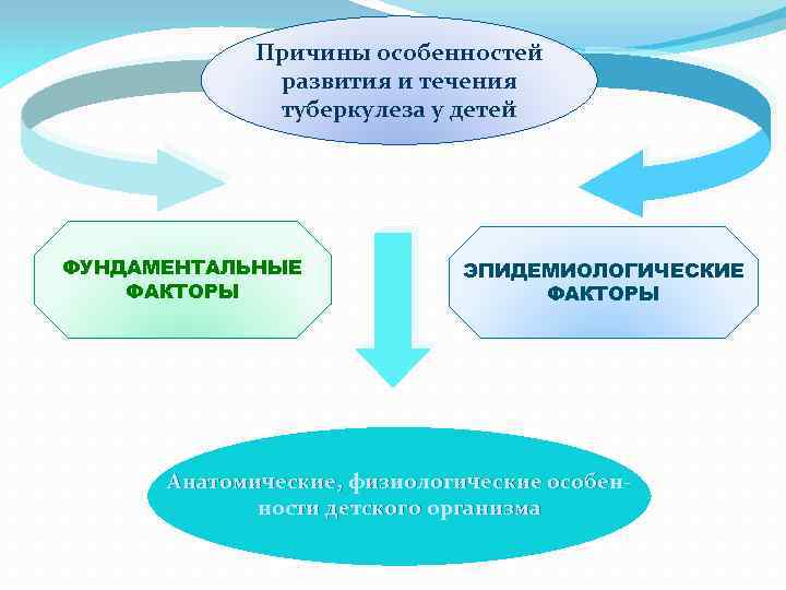 Причины особенностей развития и течения туберкулеза у детей ФУНДАМЕНТАЛЬНЫЕ ФАКТОРЫ ЭПИДЕМИОЛОГИЧЕСКИЕ ФАКТОРЫ Анатомические, физиологические