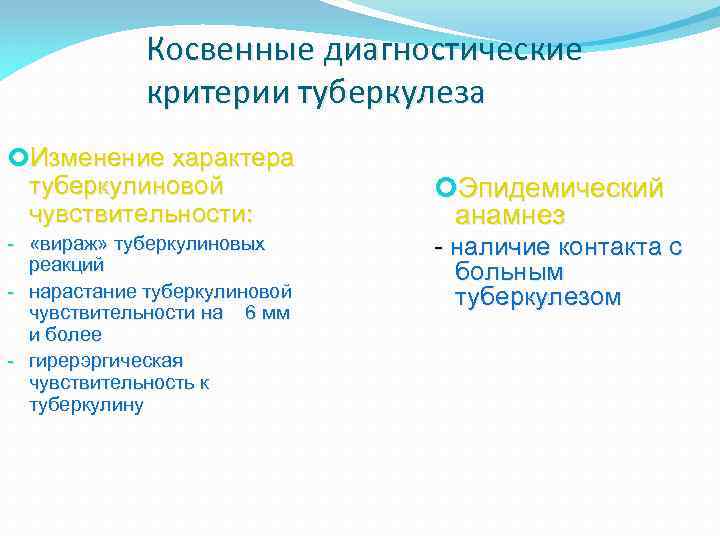 Косвенные диагностические критерии туберкулеза Изменение характера туберкулиновой чувствительности: - «вираж» туберкулиновых реакций - нарастание