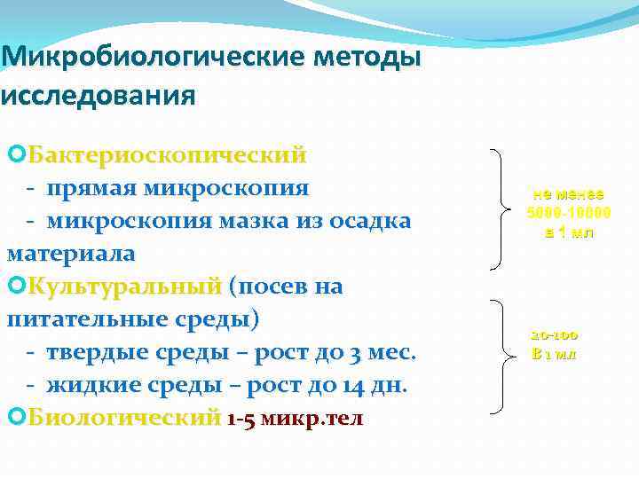 Микробиологические методы исследования Бактериоскопический - прямая микроскопия - микроскопия мазка из осадка материала Культуральный