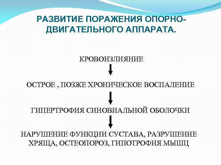 РАЗВИТИЕ ПОРАЖЕНИЯ ОПОРНОДВИГАТЕЛЬНОГО АППАРАТА. КРОВОИЗЛИЯНИЕ ОСТРОЕ , ПОЗЖЕ ХРОНИЧЕСКОЕ ВОСПАЛЕНИЕ ГИПЕРТРОФИЯ СИНОВИАЛЬНОЙ ОБОЛОЧКИ НАРУШЕНИЕ