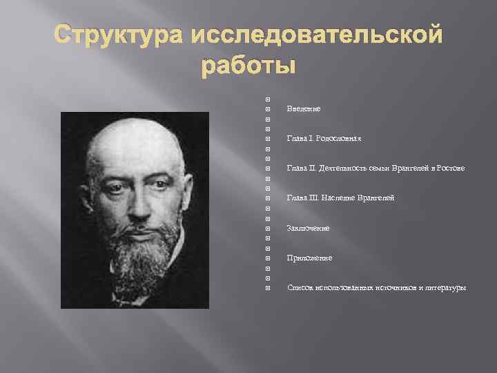 Структура исследовательской работы Введение Глава I. Родословная Глава II. Деятельность семьи Врангелей в Ростове