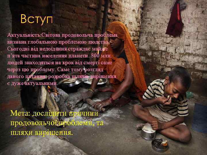 Вступ Актуальність: Світова продовольча проблема визнана глобальною проблемою людства. Сьогодні від недоїдання страждає майже