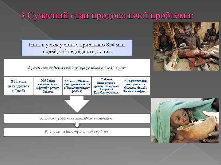 3. Сучасний стан продовольчої проблеми: Нині в усьому світі є приблизно 854 млн людей,