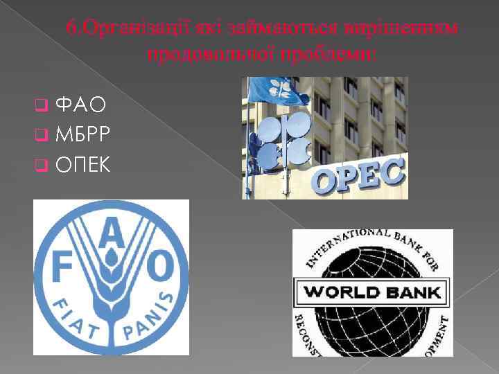6. Організації які займаються вирішенням продовольчої проблеми: ФАО q МБРР q ОПЕК q 
