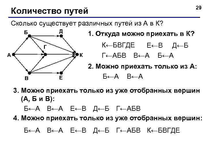 29 Количество путей Сколько существует различных путей из А в К? Д Б 1.