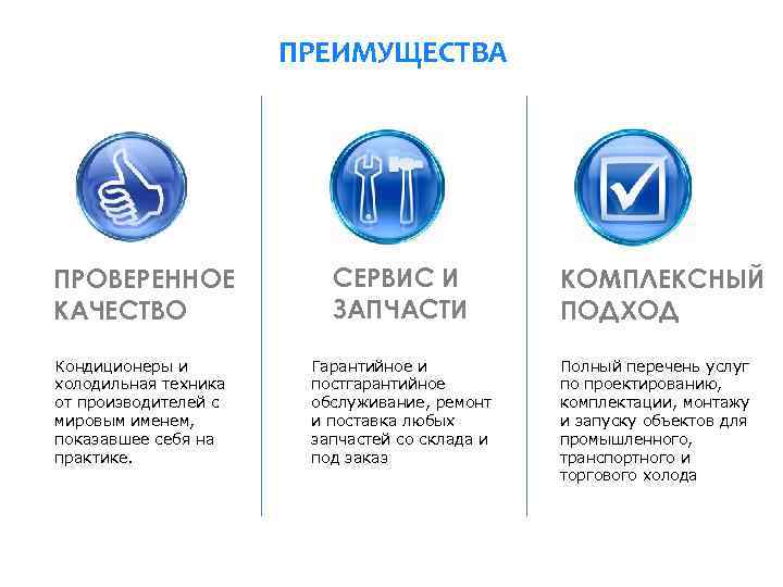 ПРЕИМУЩЕСТВА ПРОВЕРЕННОЕ КАЧЕСТВО СЕРВИС И ЗАПЧАСТИ Кондиционеры и холодильная техника от производителей с мировым