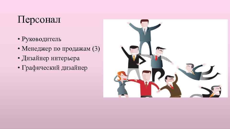 Персонал • Руководитель • Менеджер по продажам (3) • Дизайнер интерьера • Графический дизайнер