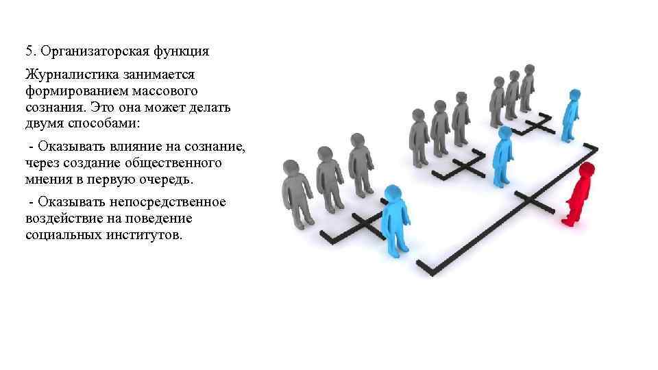 5. Организаторская функция Журналистика занимается формированием массового сознания. Это она может делать двумя способами: