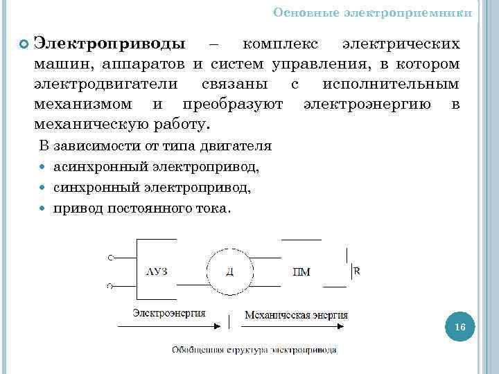 Основные электроприемники Электроприводы – комплекс электрических машин, аппаратов и систем управления, в котором электродвигатели