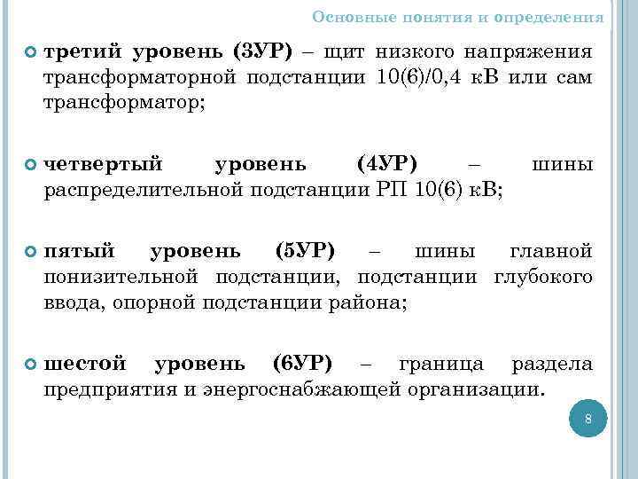 Основные понятия и определения третий уровень (3 УР) – щит низкого напряжения трансформаторной подстанции