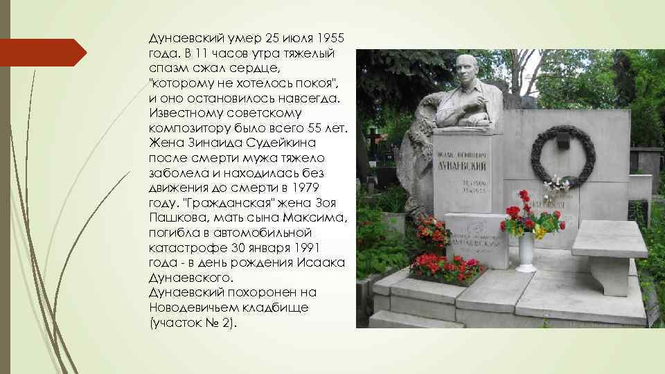 Дунаевский умер 25 июля 1955 года. В 11 часов утра тяжелый спазм сжал сердце,