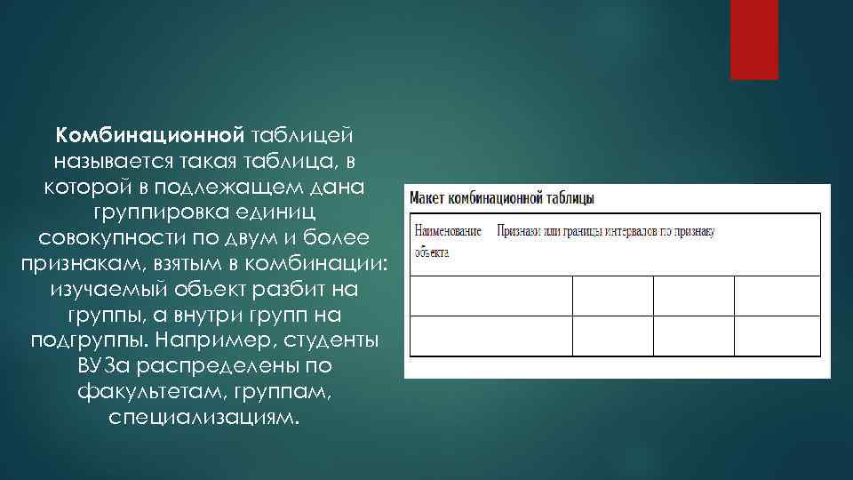 Комбинационной таблицей называется такая таблица, в которой в подлежащем дана группировка единиц совокупности по