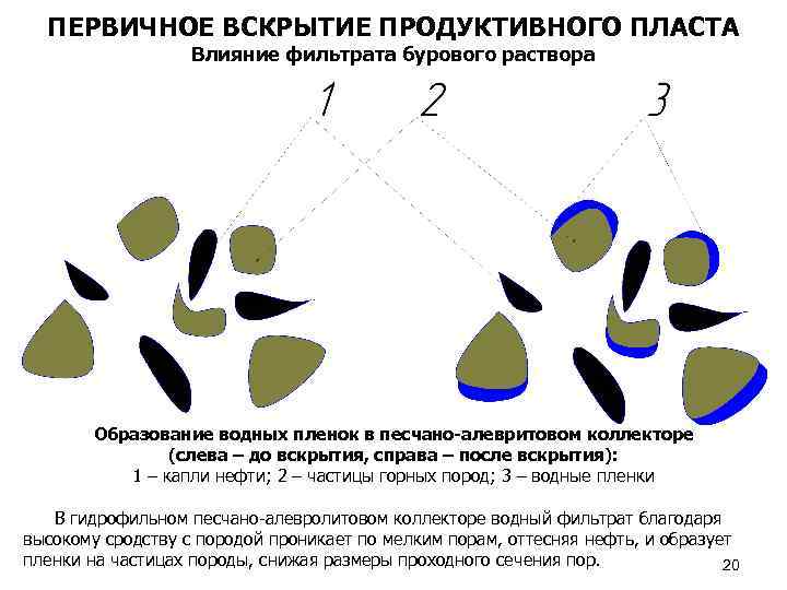 ПЕРВИЧНОЕ ВСКРЫТИЕ ПРОДУКТИВНОГО ПЛАСТА Влияние фильтрата бурового раствора Образование водных пленок в песчано-алевритовом коллекторе