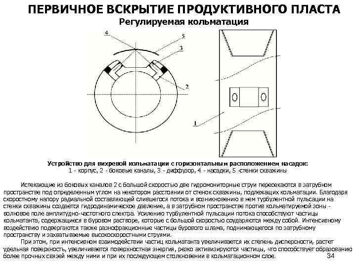 ПЕРВИЧНОЕ ВСКРЫТИЕ ПРОДУКТИВНОГО ПЛАСТА Регулируемая кольматация Устройство для вихревой кольматации с горизонтальным расположением насадок: