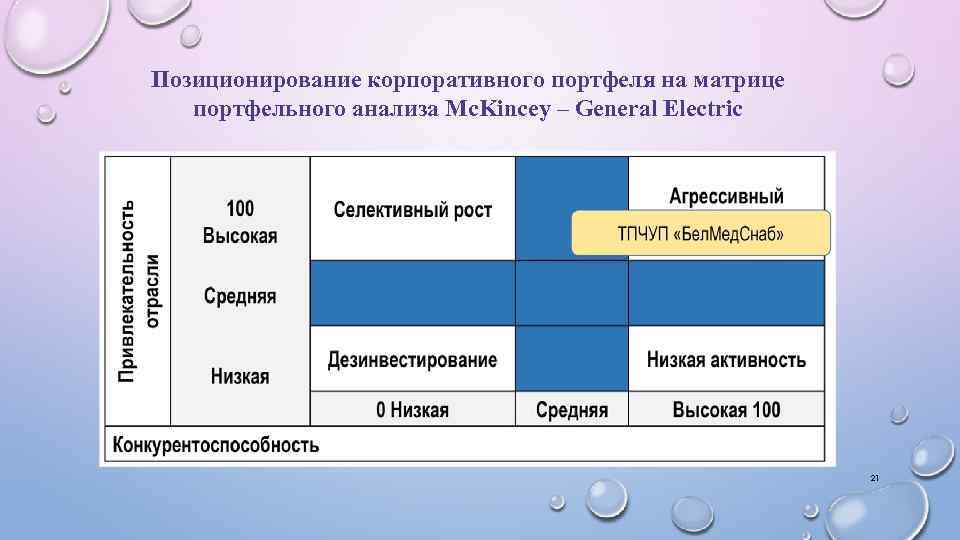 Позиционирование корпоративного портфеля на матрице портфельного анализа Mc. Kincey – General Electric 21 