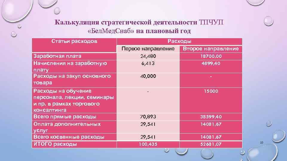 Калькуляция стратегической деятельности ТПЧУП «Бел. Мед. Снаб» на плановый год Статьи расходов Заработная плата