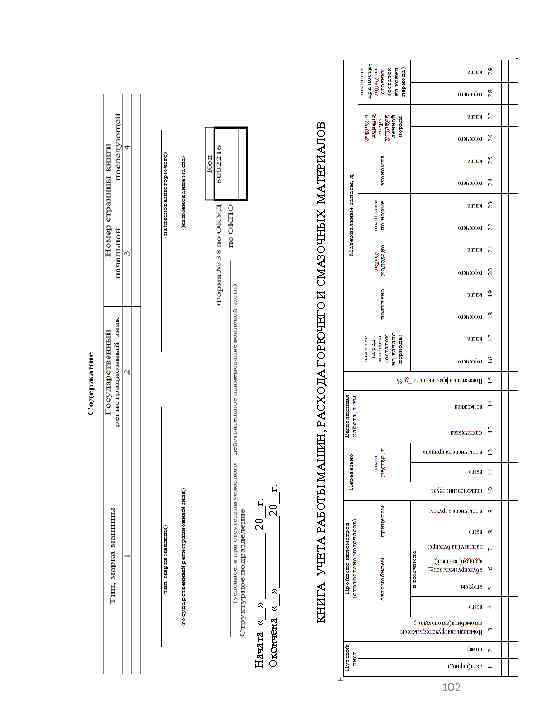 102 КНИГА УЧЕТА РАБОТЫ МАШИН, РАСХОДА ГОРЮЧЕГО И СМАЗОЧНЫХ МАТЕРИАЛОВ Начата «__» ______ 20__г.