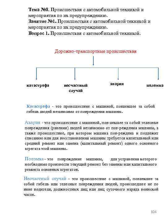 Тема № 8. Происшествия с автомобильной техникой и мероприятия по их предупреждению. Занятие №