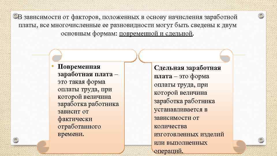 В зависимости от факторов, положенных в основу начисления заработной платы, все многочисленные ее разновидности
