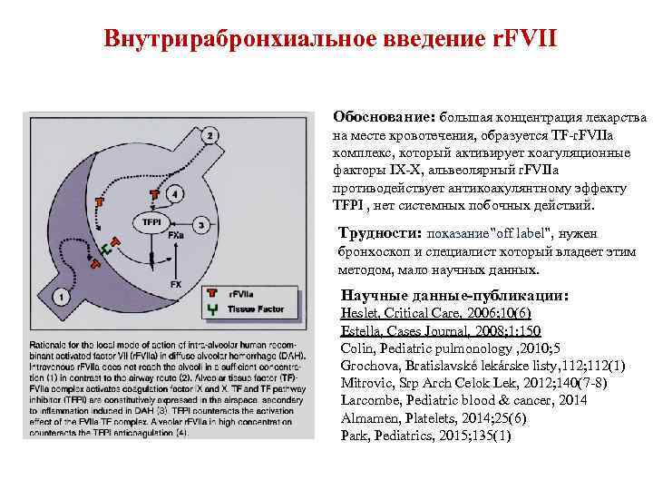 Внутрирабронхиальное введение r. FVII Обоснование: большая концентрация лекарства на месте кровотечения, образуется TF-r. FVIIa