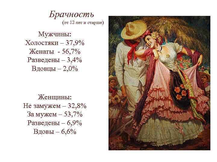 Брачность (от 12 лет и старше) Мужчины: Холостяки – 37, 9% Женаты - 56,