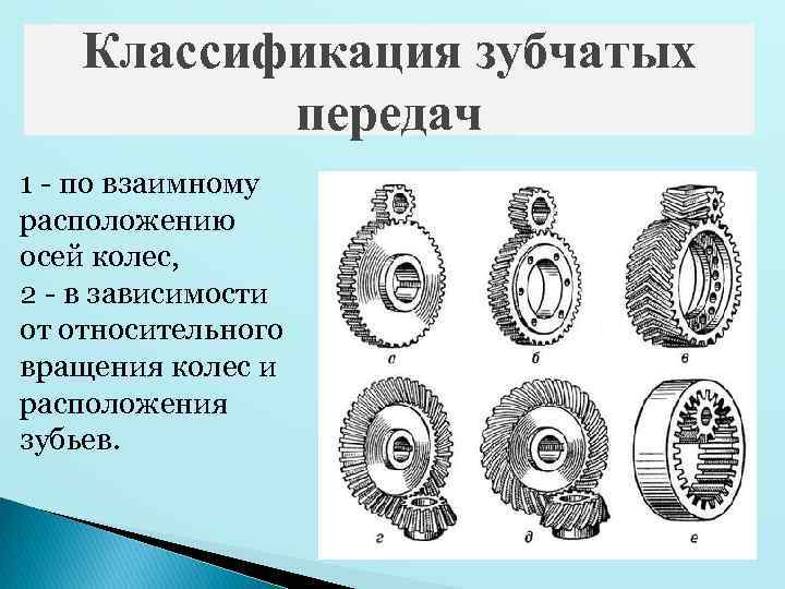 Классификация зубчатых передач 1 - по взаимному расположению осей колес, 2 - в зависимости