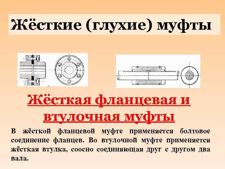 Жёсткие (глухие) муфты Жёсткая фланцевая и втулочная муфты В жёсткой фланцевой муфте применяется болтовое